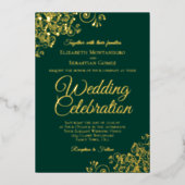 Elegant Gold Floral Frills Emerald Green Wedding Folie Uitnodiging (Voorkant)