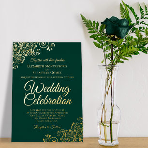 Elegant Gold Floral Frills Emerald Green Wedding Folie Uitnodiging