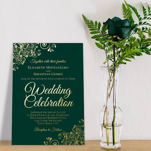 Elegant Gold Floral Frills Emerald Green Wedding Folie Uitnodiging