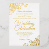 Elegant Gold Floral Frills op White Chic Wedding Folie Uitnodiging (Voorkant)