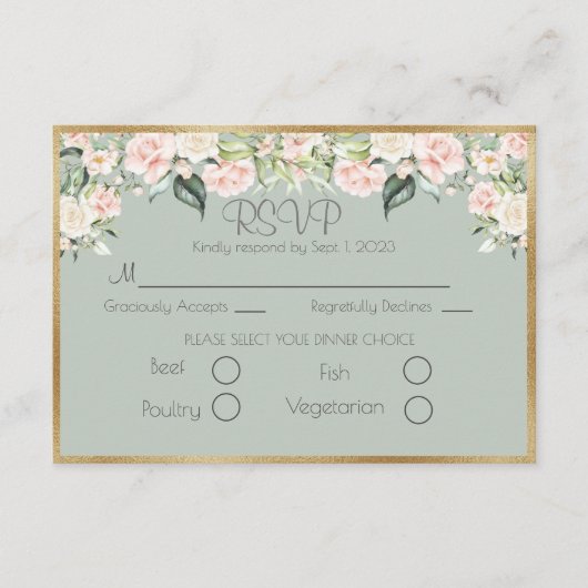 Elegant Gold Floral Green Script Weddenschap RSVP (Voorkant)