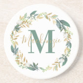 Elegant Gold Floral Greenery Monogram Wreate Zandsteen Onderzetter (Voorkant)