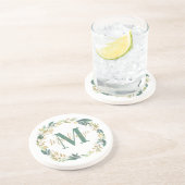 Elegant Gold Floral Greenery Monogram Wreate Zandsteen Onderzetter (Zijkant)