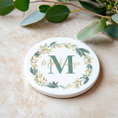 Elegant Gold Floral Greenery Monogram Wreate Zandsteen Onderzetter