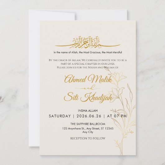 Elegant Gold Floral Islamic Wedding Nikah Kaart (Voorkant)