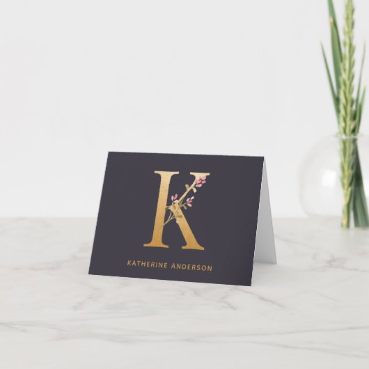 Elegant Gold Floral K Monogram afbeelding op maat Notitiekaartje (Voorkant)