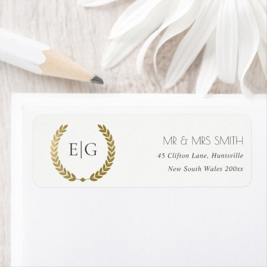 ELEGANT GOLD FLORAL LAUREL WREATH MONOGRAM ADRES ETIKET (Insitu)
