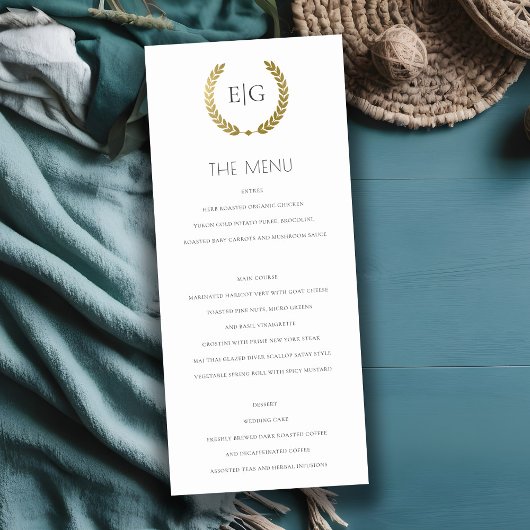 ELEGANT GOLD FLORAL LAUREL WREATH MONOGRAM MENU