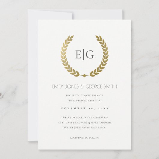 ELEGANT GOLD FLORAL LAUREL WREATH WEDDING INVITE BEDANKKAART (Voorkant)