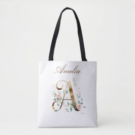 Elegant Gold Floral Letter A All-Over Print Tote Bag