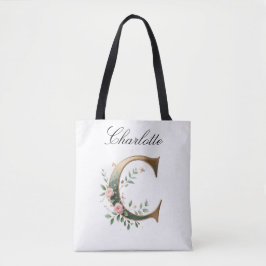 Elegant Gold Floral Letter C All-Over Print Tote Bag