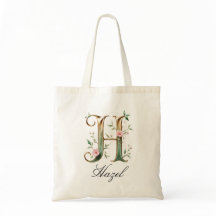 Elegant Gold Floral Letter H Monogram Tote Bag