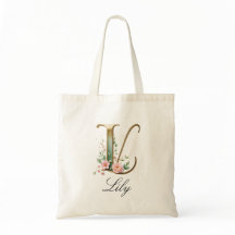 Elegant Gold Floral Letter L Monogram Tote Bag