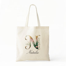 Elegant Gold Floral Letter N Monogram Tote Bag