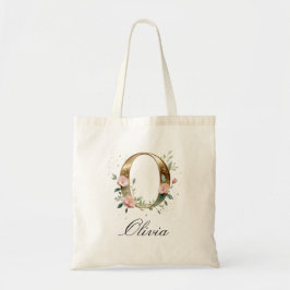 Elegant Gold Floral Letter O Monogram Tote Bag