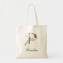 Elegant Gold Floral Letter P Monogram Tote Bag