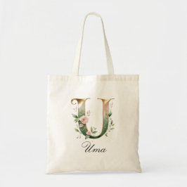 Elegant Gold Floral Letter U Monogram Tote Bag