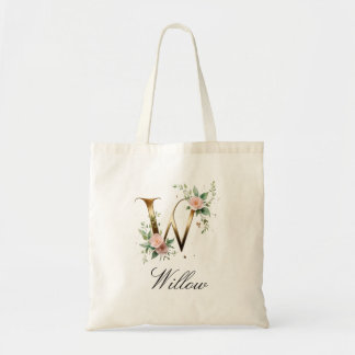 Elegant Gold Floral Letter W Monogram Tote Bag