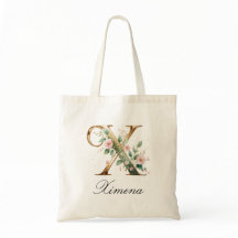 Elegant Gold Floral Letter X Monogram Tote Bag