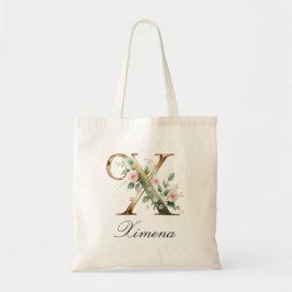 Elegant Gold Floral Letter X Monogram Tote Bag