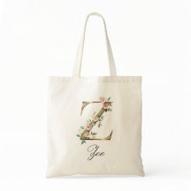 Elegant Gold Floral Letter Z Monogram Tote Bag