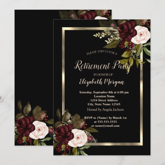Elegant Gold Floral Lijst Burgundy Rozen Black Kaart (Voorkant / Achterkant)