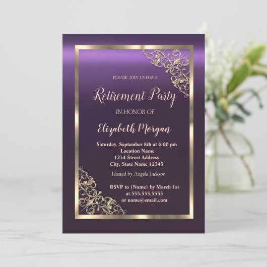 Elegant Gold Floral Lijst Paarse pensionering Kaart (Staand voorkant)