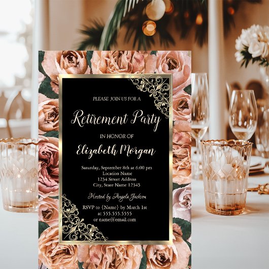 Elegant Gold Floral Lijst Rozen Pensioenuitkering Kaart