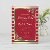 Elegant Gold Floral Lijst Striped Red Retirement Kaart (Staand voorkant)