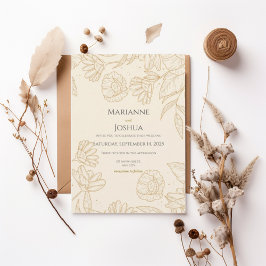 Elegant Gold Floral Line Art Wedding Invitation Kaart