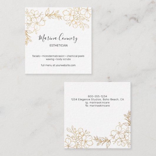Elegant Gold Floral Line Tekening Esthetician Vierkante Visitekaartje (Voorkant / Achterkant)