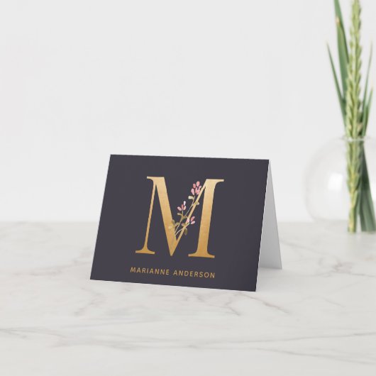 Elegant Gold Floral M Monogram Grafisch Gepersonal Notitiekaartje (Voorkant)