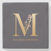 Elegant Gold Floral M Monogram Grafisch Gepersonal Stenen Onderzetter (Voorkant)