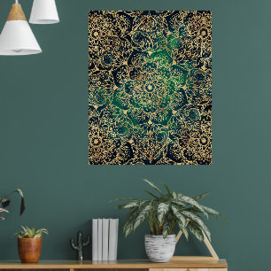 Elegant Gold Floral Mandala Green Blue Design Poster