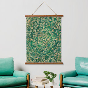 Elegant Gold Floral Mandala Green Design Hangend Wandkleed