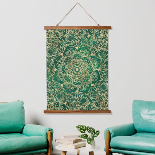 Elegant Gold Floral Mandala Green Design Hangend Wandkleed (Woonkamer)