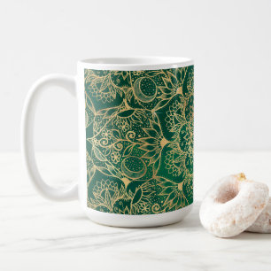 Elegant Gold Floral Mandala Green Design Koffiemok