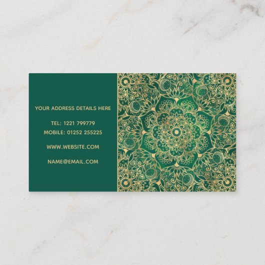 Elegant Gold Floral Mandala Green Design Visitekaartje (Achterkant)