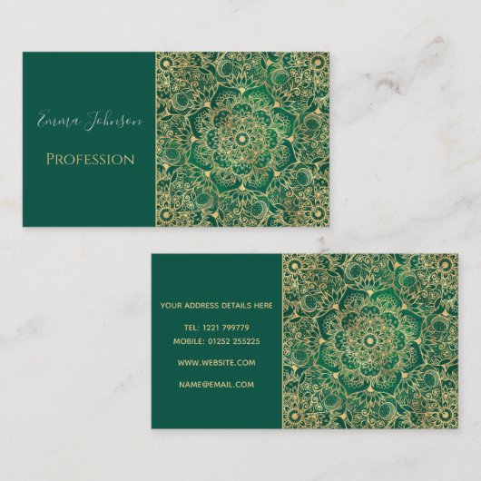Elegant Gold Floral Mandala Green Design Visitekaartje (Voorkant / Achterkant)
