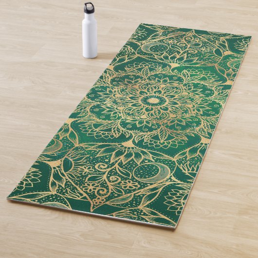 Elegant Gold Floral Mandala Green Design Yogamat (In situ)
