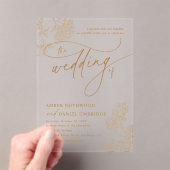 Elegant Gold Floral Modern Script Wedding Acryl Uitnodigingen (Insitu (Draagbaar))