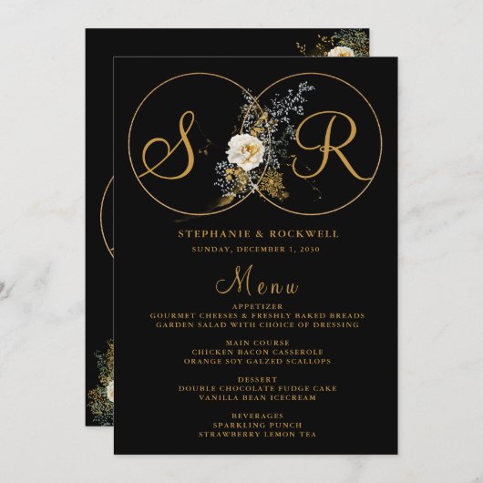 Elegant Gold Floral Monogram Name Initiaal Wedding Menu (Voorkant / Achterkant)