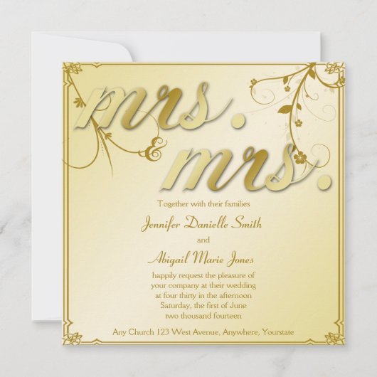 Elegant Gold Floral Mrs. & Mrs Wedding Invitation Kaart (Voorkant)