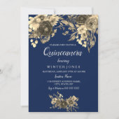 Elegant Gold Floral Navy Blue Quinceanera Inivte Kaart (Voorkant)