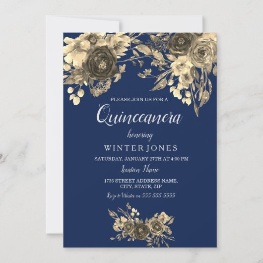 Elegant Gold Floral Navy Blue Quinceanera Inivte Kaart (Voorkant)