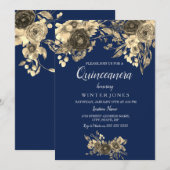 Elegant Gold Floral Navy Blue Quinceanera Inivte Kaart (Voorkant / Achterkant)
