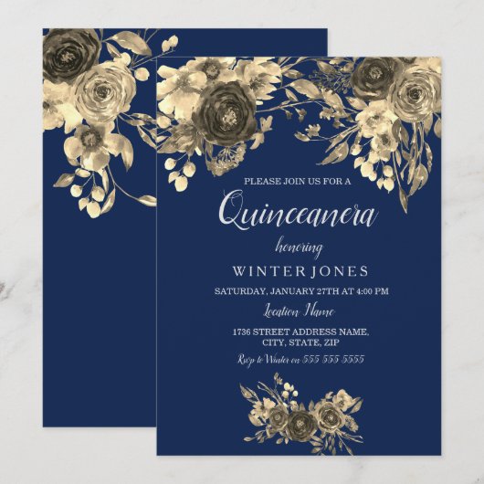 Elegant Gold Floral Navy Blue Quinceanera Inivte Kaart (Voorkant / Achterkant)