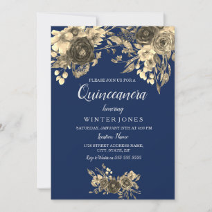 Elegant Gold Floral Navy Blue Quinceanera Inivte Kaart