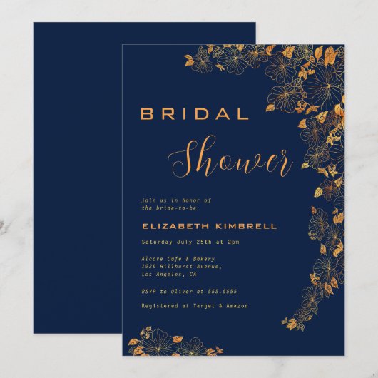 Elegant Gold Floral Navy Blue Vrijgezellenfeest Kaart (Voorkant / Achterkant)