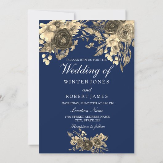 Elegant Gold Floral Navy Blue Wedding Invitation Kaart (Voorkant)